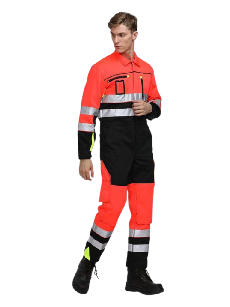 A Man Wearing Best Quality Red And Black Safety Work Suit Manufactured By Leading Safety Work Suit Manufacturer And Supplier In Pakistan, The Scrub Uniforms.