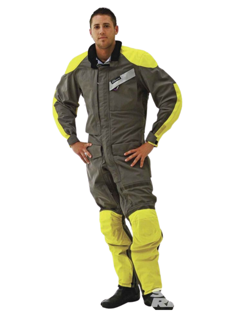 A Man Wearing Best Quality Grey And Yellow Safety Work Suit Manufactured By The Leading Safety Work Suits Manufacturer And Supplier, The Scrub Uniforms.