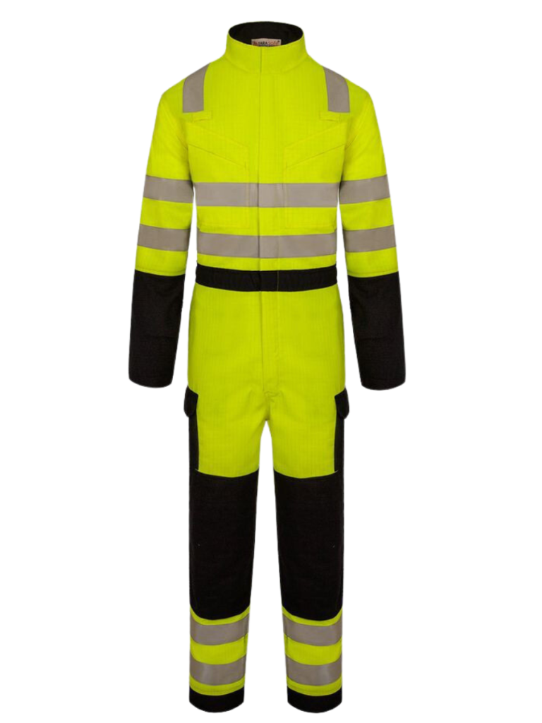 Yellow, Black And Silver FR Coverall Manufactured By The Leading Custom FR Coveralls Manufacturer The Scrub Uniforms.