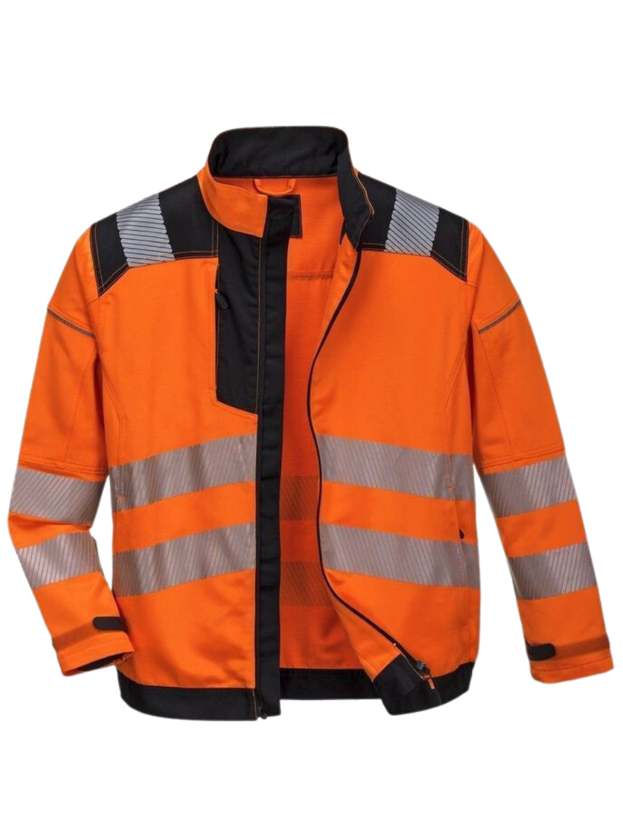 Orange, Silver And Black Premium Reflective Safety Jacket Manufactured By The Leading Reflective Safety Jackets Manufacturer And Supplier The Scrub Uniforms.