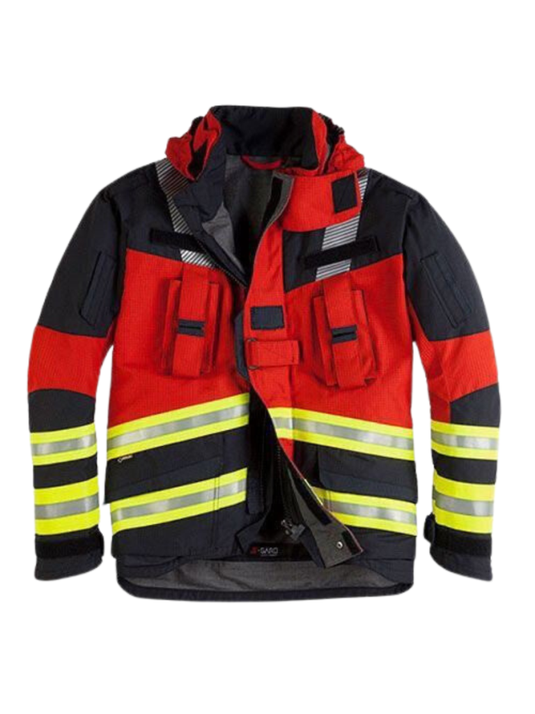 Red, Black And Yellow Premium Reflective Safety Jacket Manufactured By The Scrub Uniforms.