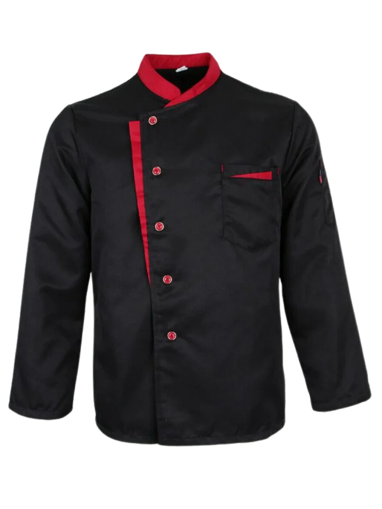 High Quality Black Chef Coat With Red Collar And Lining.