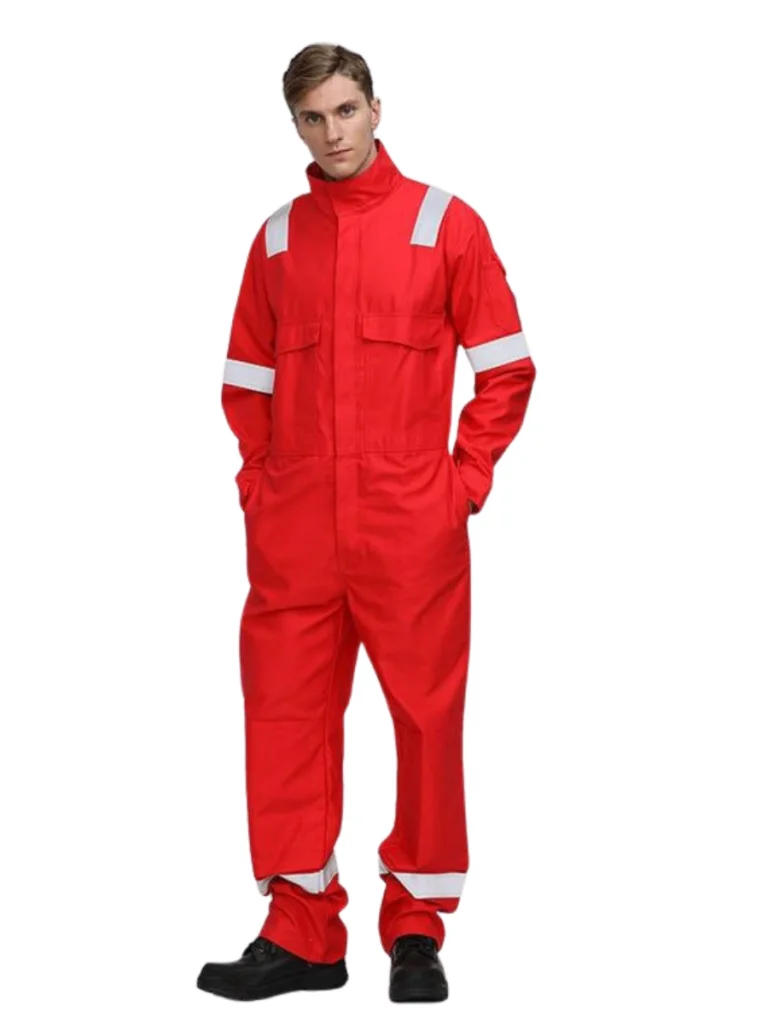 Man Wearing A Dark Red Safety Work Suit Manufactured By The Top Safety Work Suits Manufacturer In Pakistan, The Scrub Uniforms.