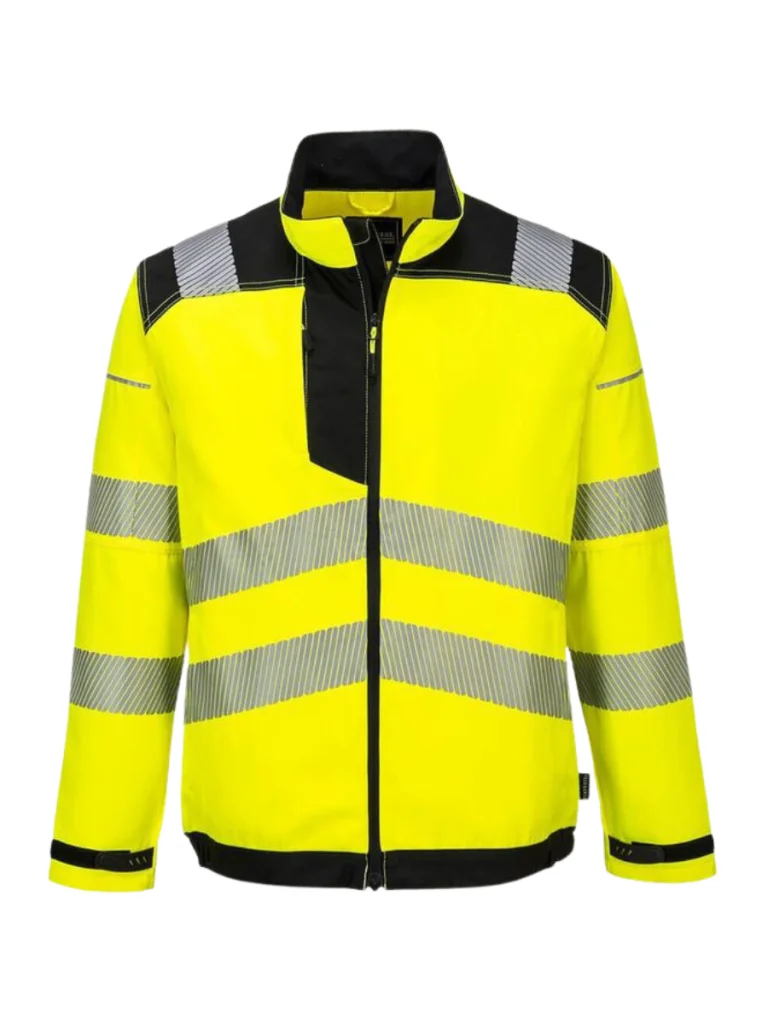 Yellow, Silver And Black Reflective Safety Jacket Manufactured By The Leading Reflective Safety Jackets Manufacturer In Pakistan, The Scrub Uniforms.